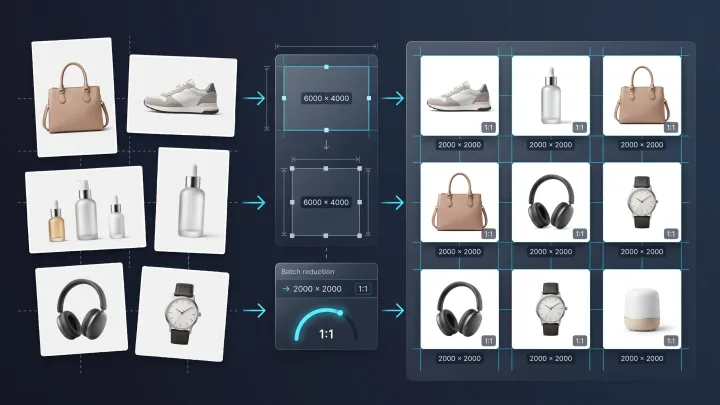 Multiple e-commerce product photos being standardized into consistent square image dimensions for an online store
