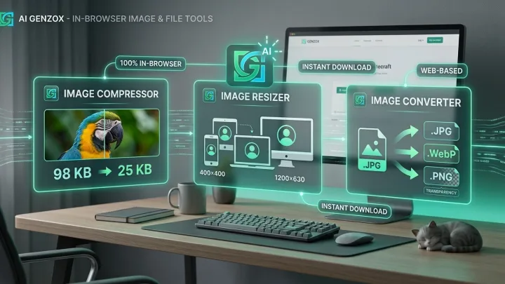 A clean workspace showing a laptop with AI Genzox tools open in the browser